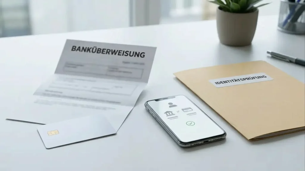 Neutrale Illustration eines Auszahlungsprozesses mit Bankkarte, Überweisung und Kontoprüfung