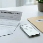 Neutrale Illustration eines Auszahlungsprozesses mit Bankkarte, Überweisung und Kontoprüfung