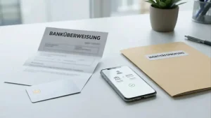 Neutrale Illustration eines Auszahlungsprozesses mit Bankkarte, Überweisung und Kontoprüfung
