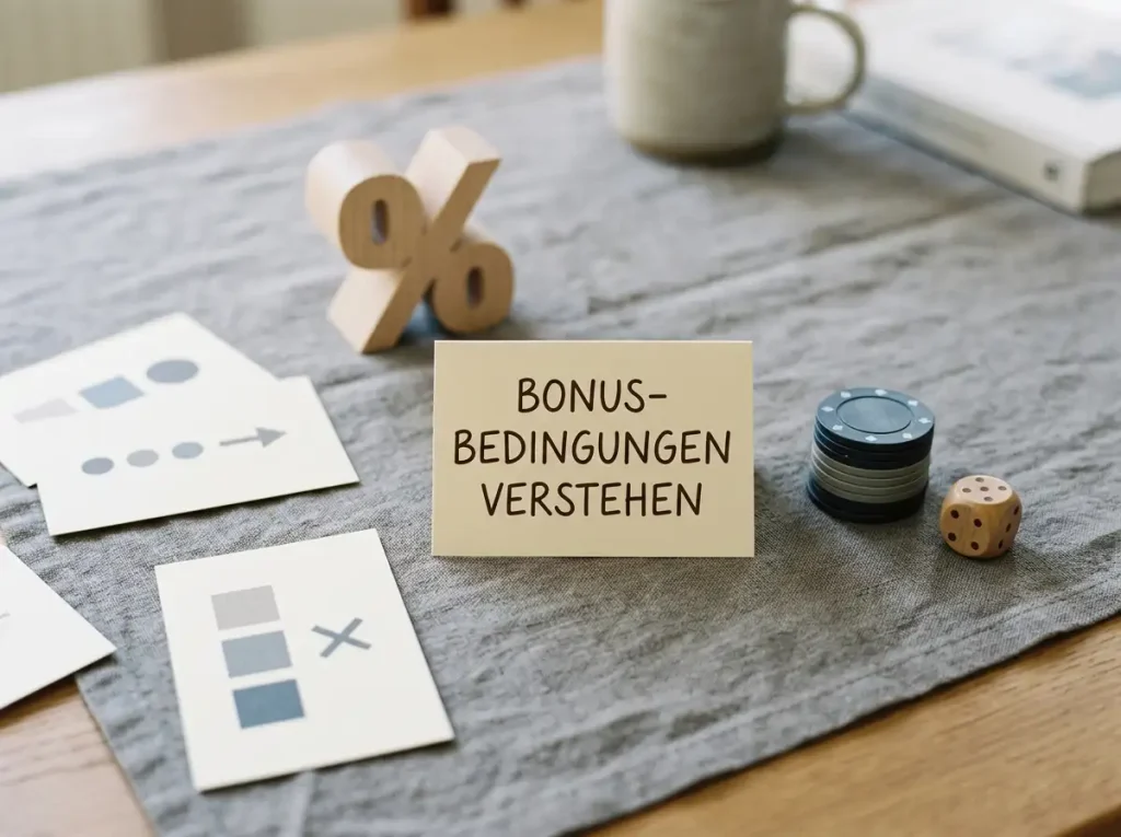 Neutrale redaktionelle Darstellung von Bonusbedingungen mit Spielmarken, Prozentzeichen und Regelkarten