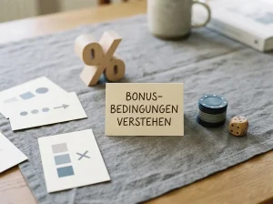 Neutrale redaktionelle Darstellung von Bonusbedingungen mit Spielmarken, Prozentzeichen und Regelkarten
