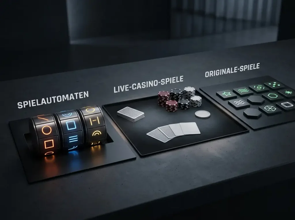Abstrakte Darstellung verschiedener Casino-Spielkategorien mit Slots, Live-Tisch und Originals