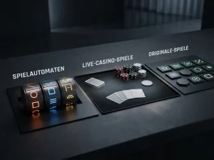 Abstrakte Darstellung verschiedener Casino-Spielkategorien mit Slots, Live-Tisch und Originals