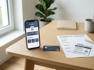 Neutrale Darstellung klassischer Fiat-Zahlungswege mit Karte, Banküberweisung und E-Wallet